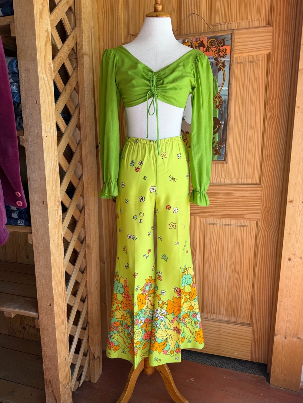 Bright Green Floral Bell Bottom Pant - Women